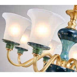Lustre rétro vintage en laiton et céramique avec abat-jour en verre
