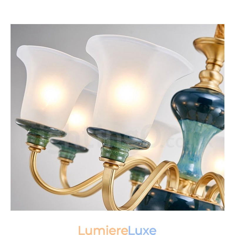 Lustre rétro vintage en laiton et céramique avec abat-jour en verre