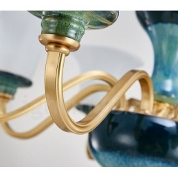 Lustre rétro vintage en laiton et céramique avec abat-jour en verre