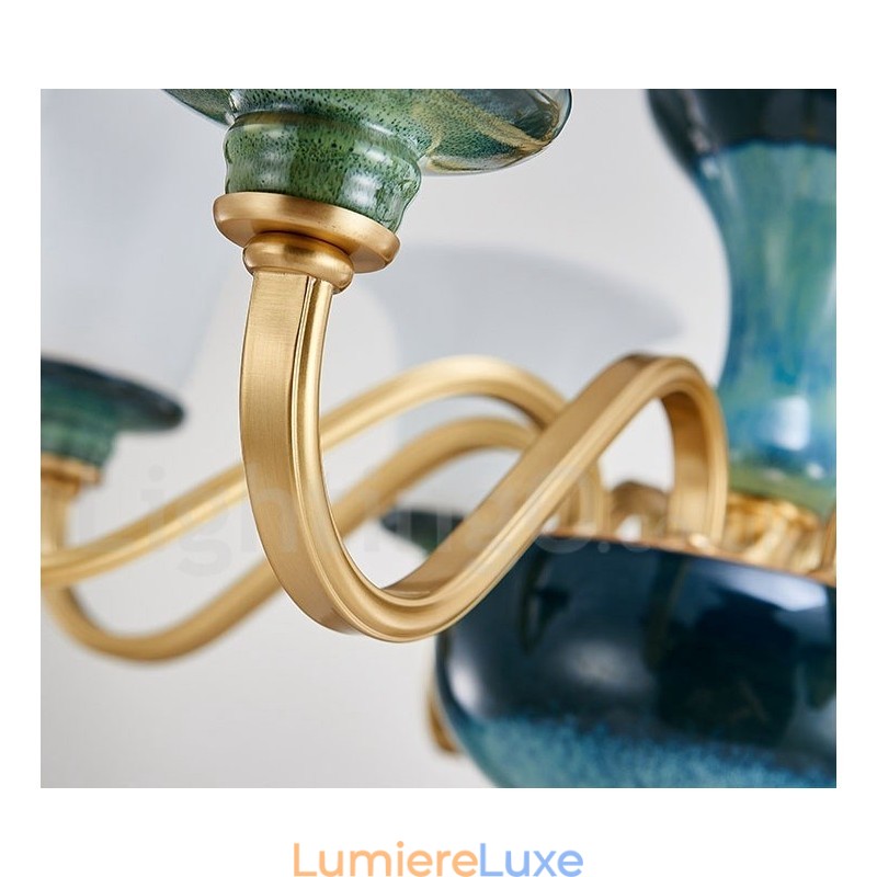 Lustre rétro vintage en laiton et céramique avec abat-jour en verre