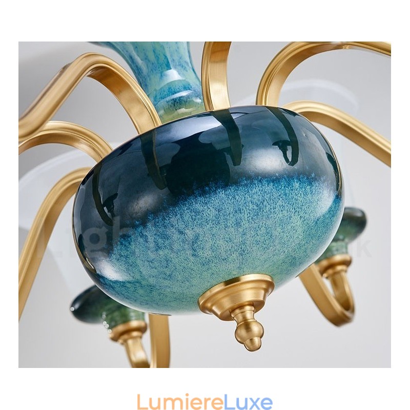 Lustre rétro vintage en laiton et céramique avec abat-jour en verre