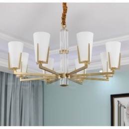 Lustre rétro vintage en laiton avec cristaux et abat-jour en verre
