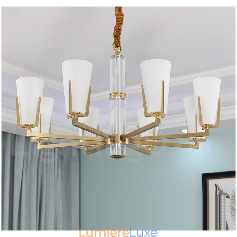 Lustre rétro vintage en laiton avec cristaux et abat-jour en verre