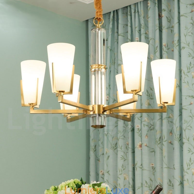 Lustre rétro vintage en laiton avec cristaux et abat-jour en verre