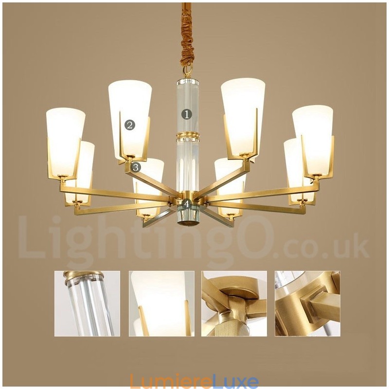 Lustre rétro vintage en laiton avec cristaux et abat-jour en verre