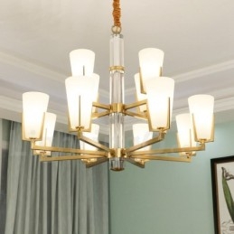 Lustre rétro vintage en laiton avec cristaux et abat-jour en verre