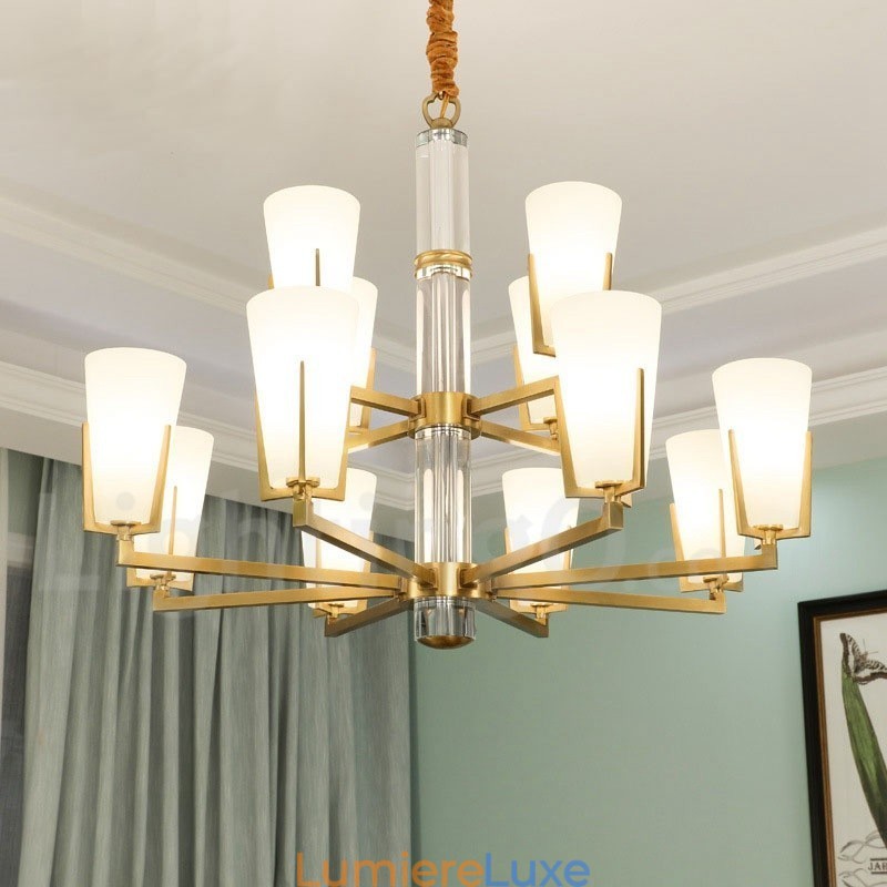 Lustre rétro vintage en laiton avec cristaux et abat-jour en verre