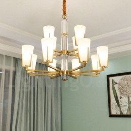 Lustre rétro vintage en laiton avec cristaux et abat-jour en verre