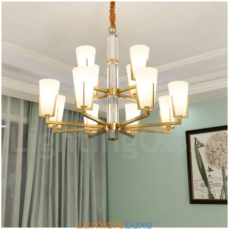 Lustre rétro vintage en laiton avec cristaux et abat-jour en verre