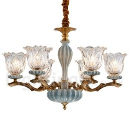 Lustre rétro vintage en laiton et céramique avec abat-jour en verre