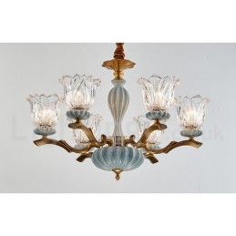 Lustre rétro vintage en laiton et céramique avec abat-jour en verre