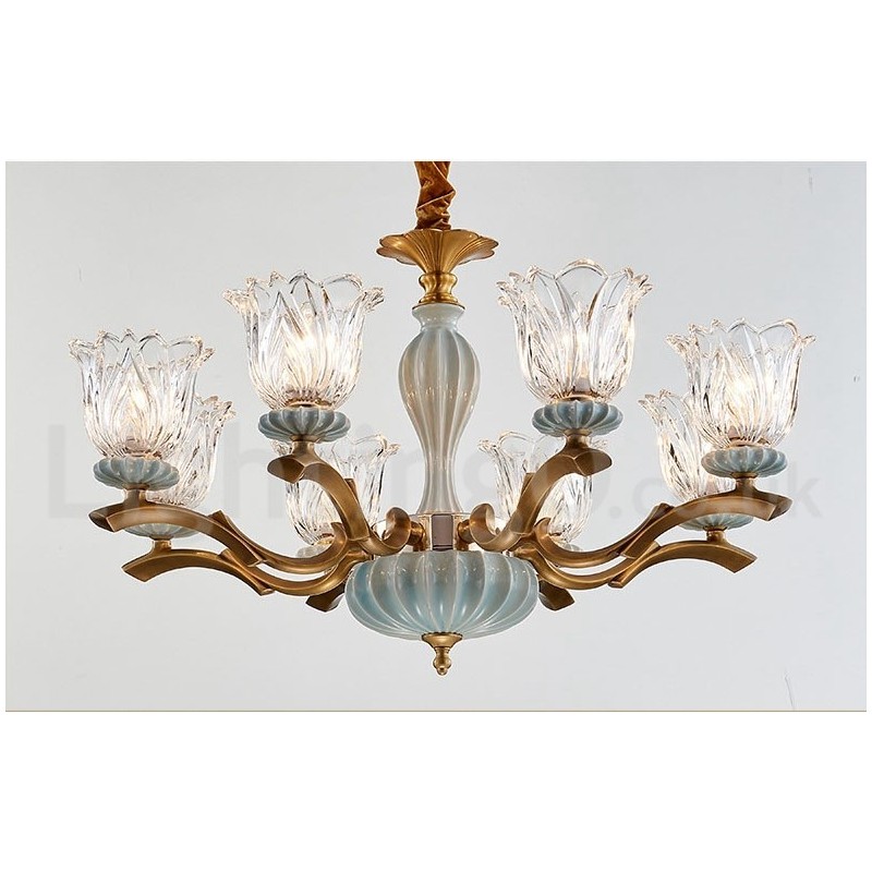 Lustre rétro vintage en laiton et céramique avec abat-jour en verre