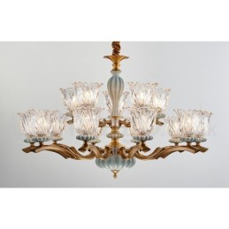 Lustre rétro vintage en laiton et céramique avec abat-jour en verre