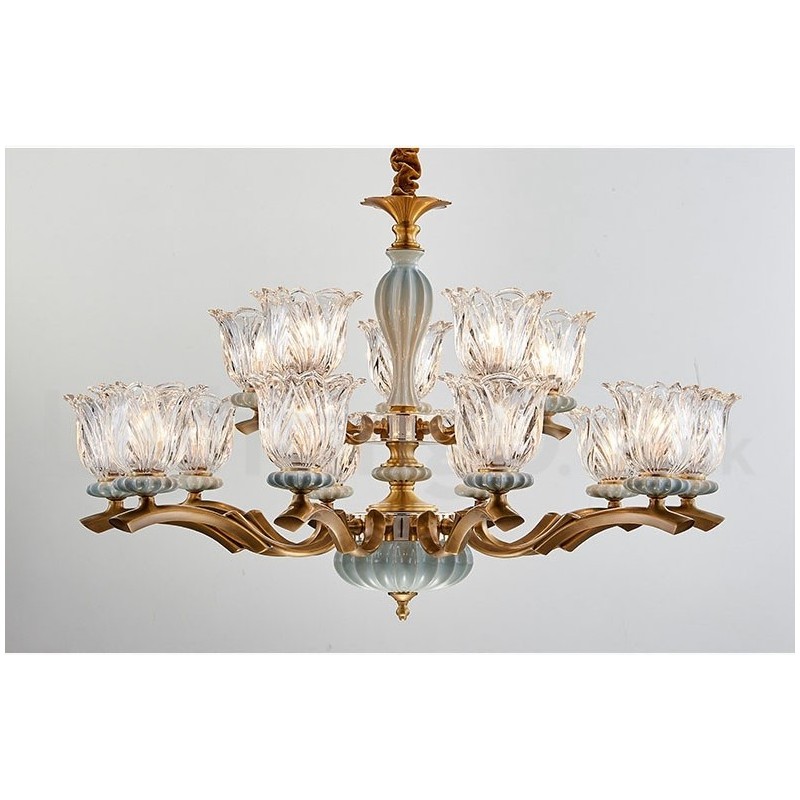 Lustre rétro vintage en laiton et céramique avec abat-jour en verre