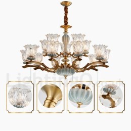 Lustre rétro vintage en laiton et céramique avec abat-jour en verre