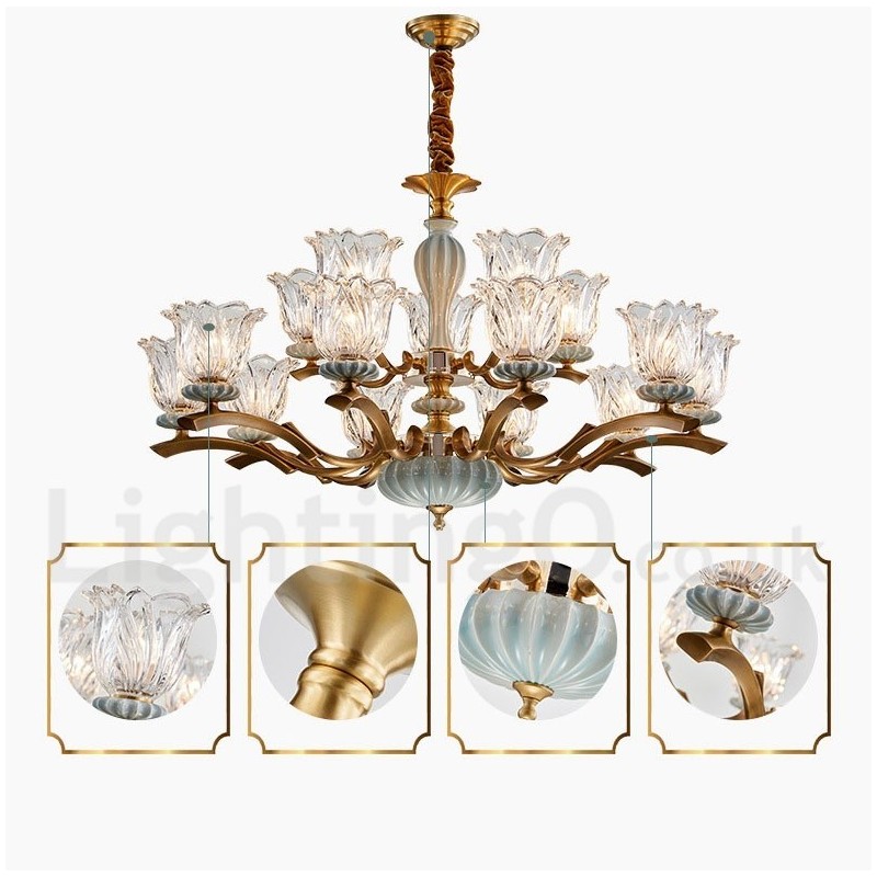 Lustre rétro vintage en laiton et céramique avec abat-jour en verre