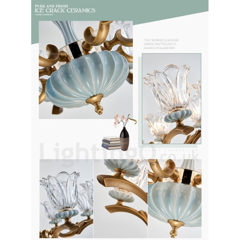 Lustre rétro vintage en laiton et céramique avec abat-jour en verre