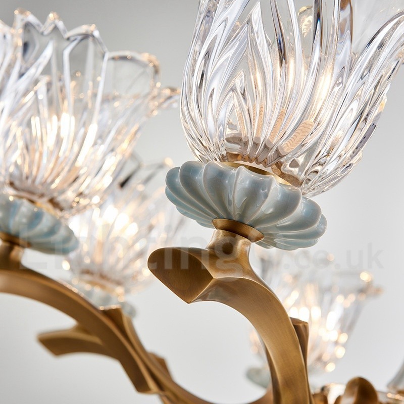 Lustre rétro vintage en laiton et céramique avec abat-jour en verre