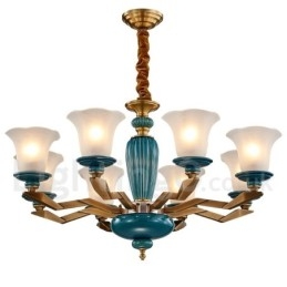 Lustre rétro vintage en laiton et céramique avec abat-jour en verre