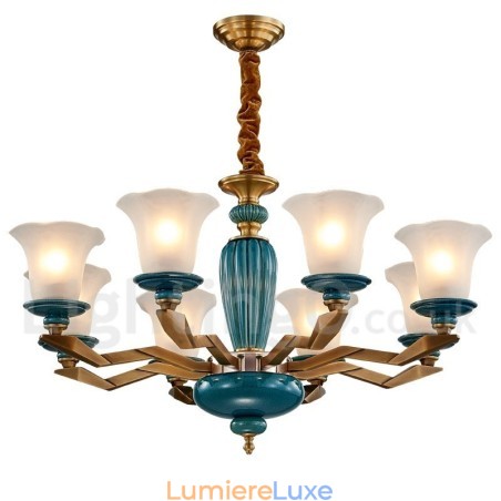 Lustre rétro vintage en laiton et céramique avec abat-jour en verre Lustre rétro vintage en laiton et céramique avec abat-jour en verre