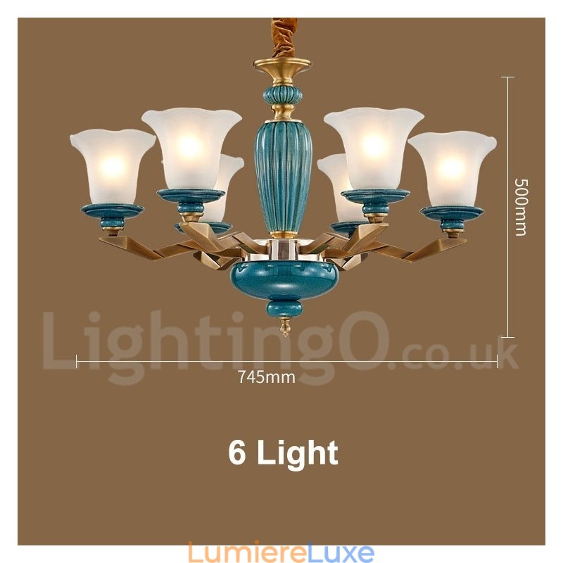 Lustre rétro vintage en laiton et céramique avec abat-jour en verre
