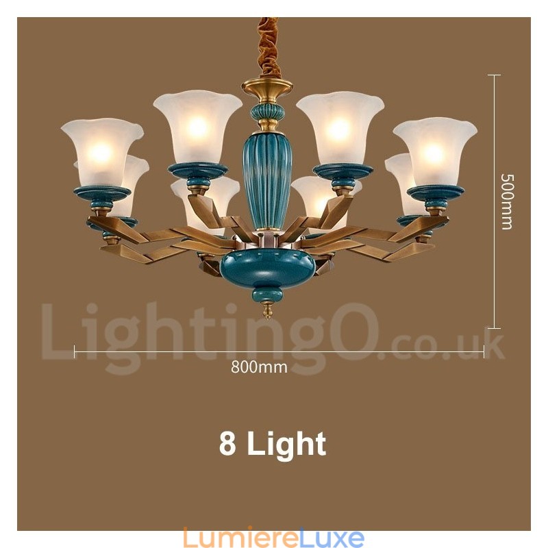 Lustre rétro vintage en laiton et céramique avec abat-jour en verre