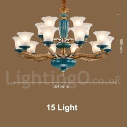 Lustre rétro vintage en laiton et céramique avec abat-jour en verre