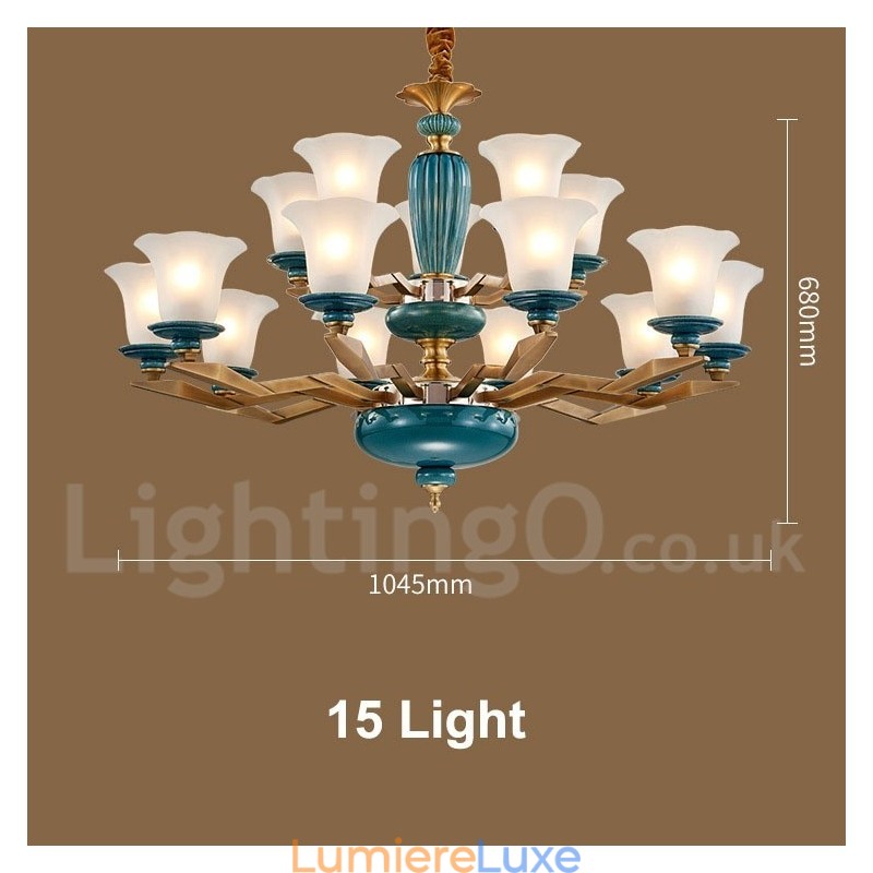 Lustre rétro vintage en laiton et céramique avec abat-jour en verre