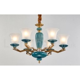 Lustre rétro vintage en laiton et céramique avec abat-jour en verre