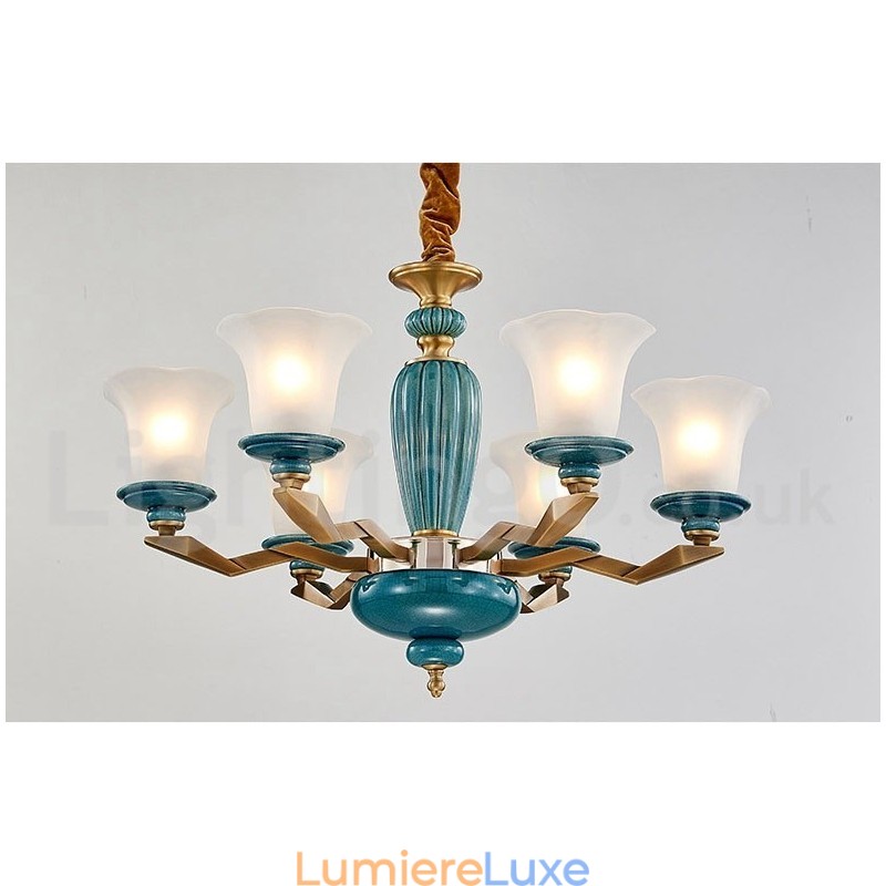 Lustre rétro vintage en laiton et céramique avec abat-jour en verre