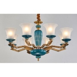 Lustre rétro vintage en laiton et céramique avec abat-jour en verre