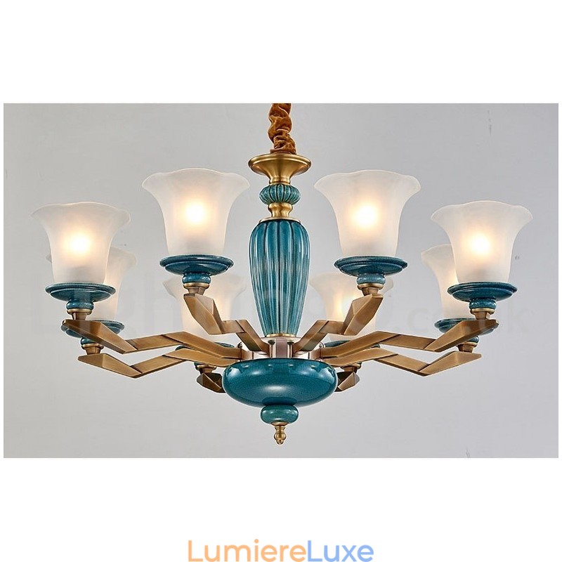 Lustre rétro vintage en laiton et céramique avec abat-jour en verre