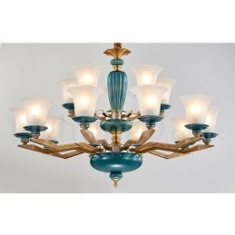 Lustre rétro vintage en laiton et céramique avec abat-jour en verre
