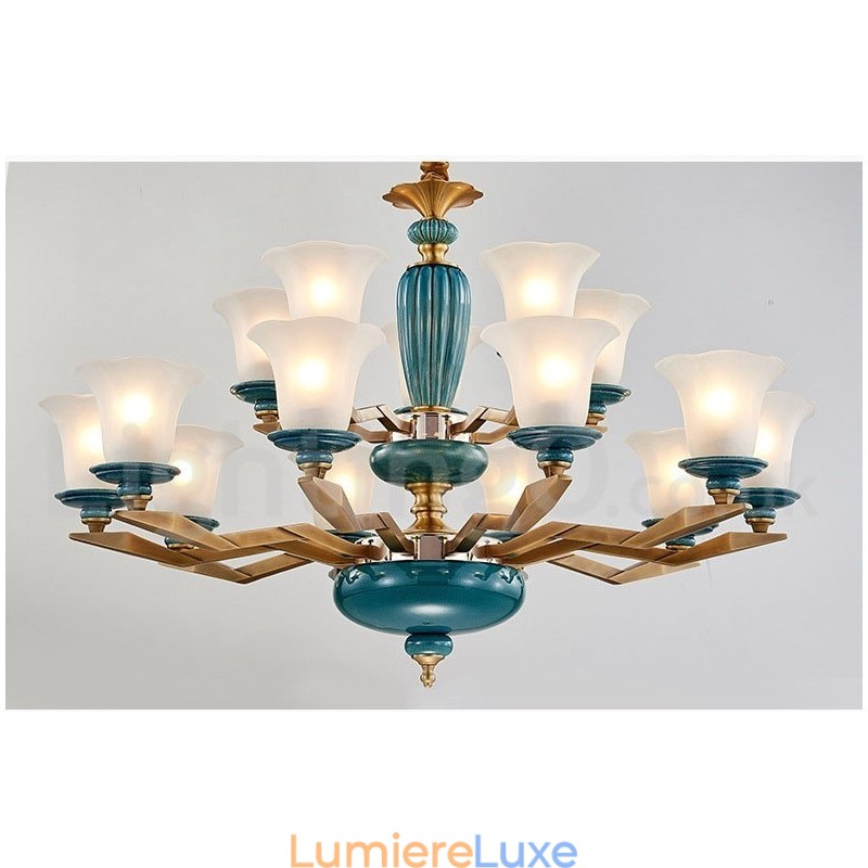 Lustre rétro vintage en laiton et céramique avec abat-jour en verre