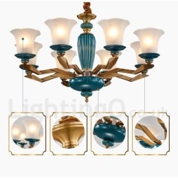 Lustre rétro vintage en laiton et céramique avec abat-jour en verre