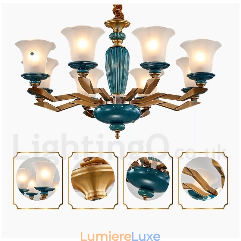 Lustre rétro vintage en laiton et céramique avec abat-jour en verre