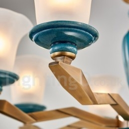Lustre rétro vintage en laiton et céramique avec abat-jour en verre