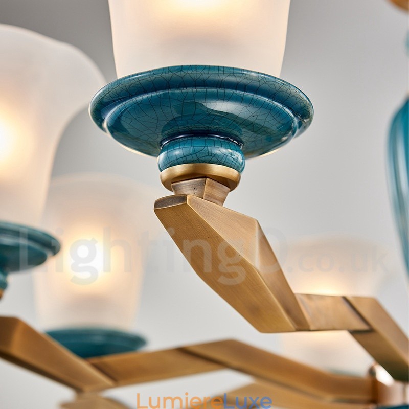 Lustre rétro vintage en laiton et céramique avec abat-jour en verre