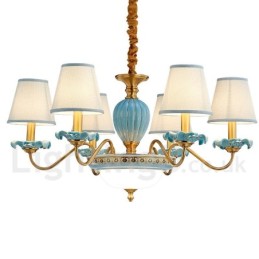 Lustre suspendu rétro vintage en laiton et céramique avec abat-jour en tissu bleu
