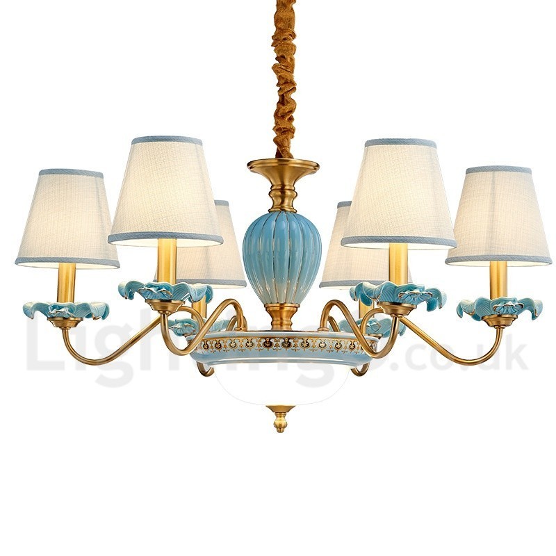 Lustre suspendu rétro vintage en laiton et céramique avec abat-jour en tissu bleu