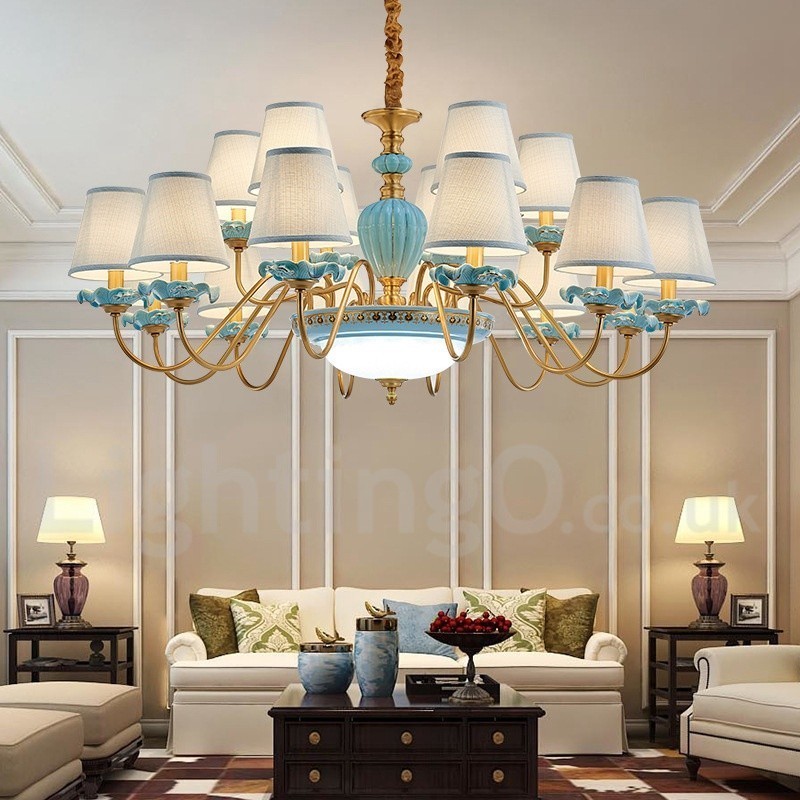 Lustre suspendu rétro vintage en laiton et céramique avec abat-jour en tissu bleu