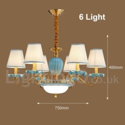 Lustre suspendu rétro vintage en laiton et céramique avec abat-jour en tissu bleu