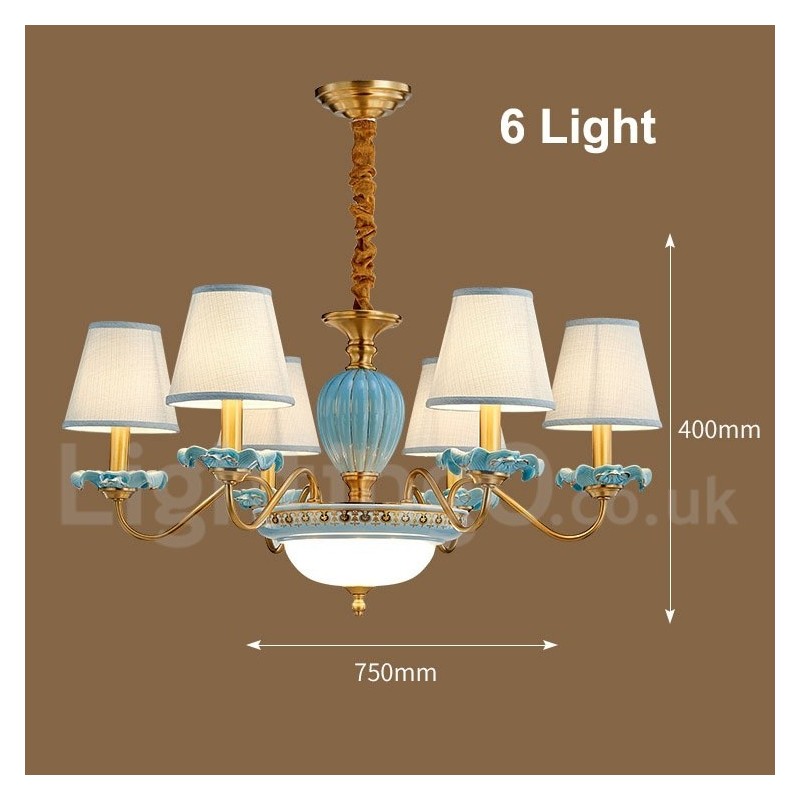 Lustre suspendu rétro vintage en laiton et céramique avec abat-jour en tissu bleu