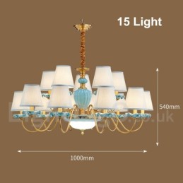 Lustre suspendu rétro vintage en laiton et céramique avec abat-jour en tissu bleu