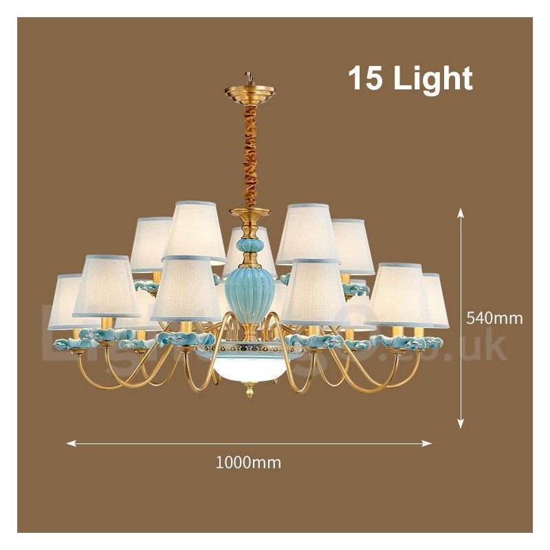 Lustre suspendu rétro vintage en laiton et céramique avec abat-jour en tissu bleu