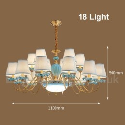 Lustre suspendu rétro vintage en laiton et céramique avec abat-jour en tissu bleu
