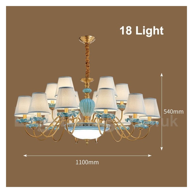Lustre suspendu rétro vintage en laiton et céramique avec abat-jour en tissu bleu