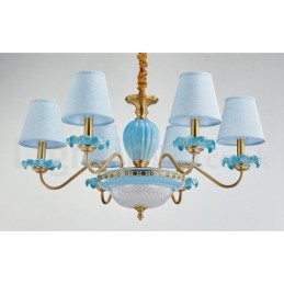 Lustre suspendu rétro vintage en laiton et céramique avec abat-jour en tissu bleu
