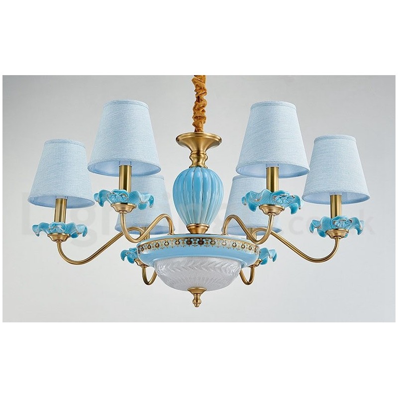Lustre suspendu rétro vintage en laiton et céramique avec abat-jour en tissu bleu