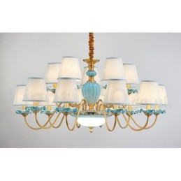 Lustre suspendu rétro vintage en laiton et céramique avec abat-jour en tissu bleu
